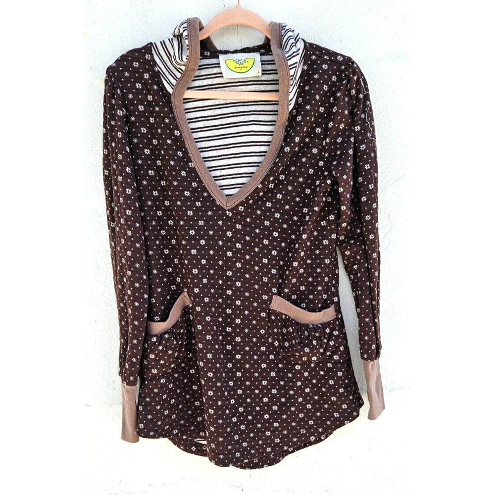 Vintage Honeydew Lounge Hoodie Large Brown Floral Boho Contrast Pockets PJ Shirt